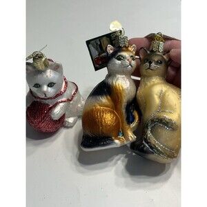 3 Old World Christmas Kitten Cat Hand Blown Glass Ornaments Calico Siamese